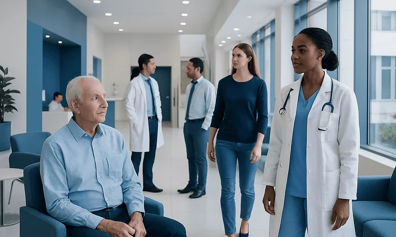 Medical team consulting with elderly patient in hospital lobby.