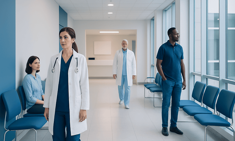Healthcare professionals and patients in a modern hospital corridor.