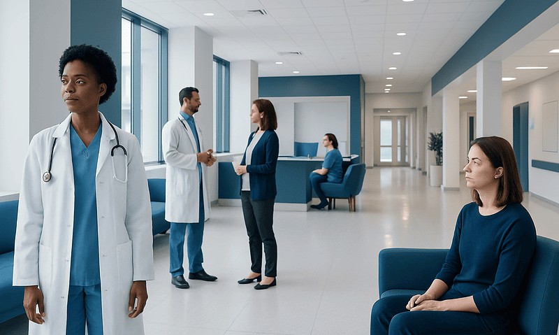Medical professionals and patients in a modern hospital corridor.