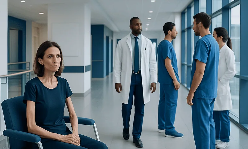 Medical team discussing patient care in hospital corridor.
