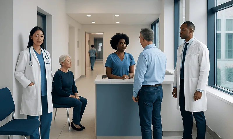 Medical team consulting with patient at hospital reception desk.