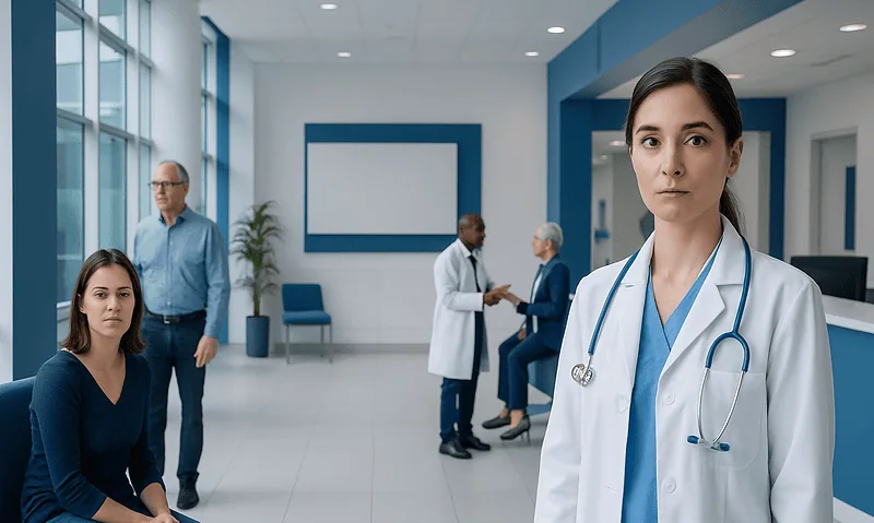 Medical team at Acibadem Hospital with doctor in foreground and patients in background.