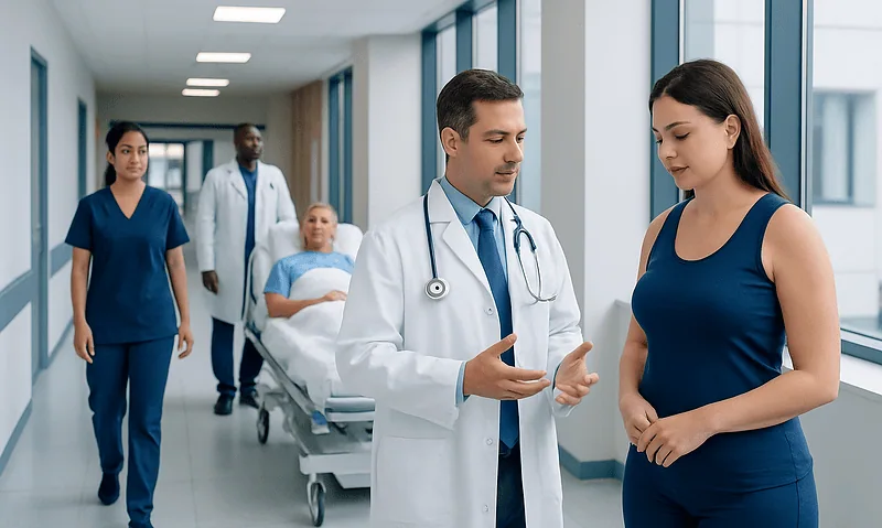Liposculpture Liposuction: An Evidence-Based Guide for Patients 7 Doctor consulting a patient in hospital corridor with medical staff and patient in background.