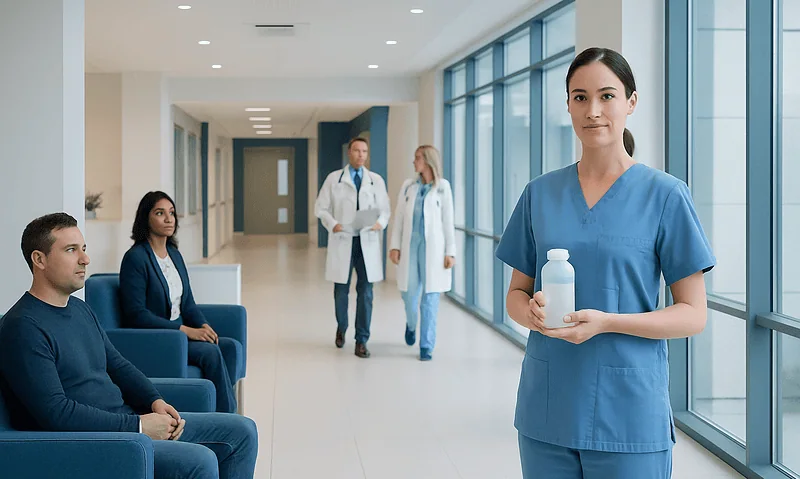Nurse holding a bottle in a hospital corridor with patients and doctors.