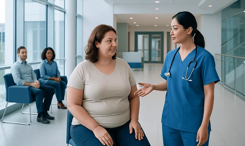 Doctor consulting with a patient in a hospital corridor.