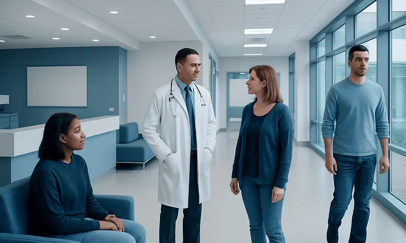 Medical consultation in a modern hospital corridor with diverse patients and doctor.