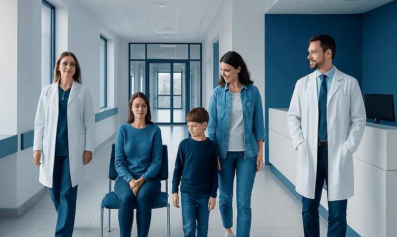 Medical team with children in hospital corridor at Acibadem Hospitals Group.