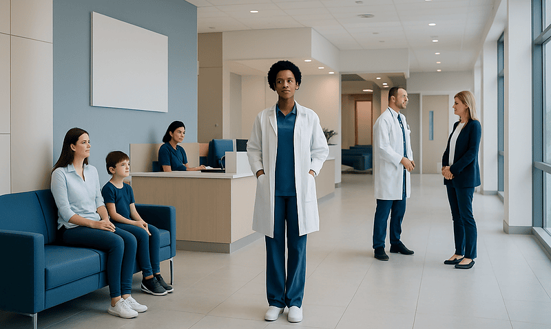 Diverse medical team and patients in a modern hospital lobby.