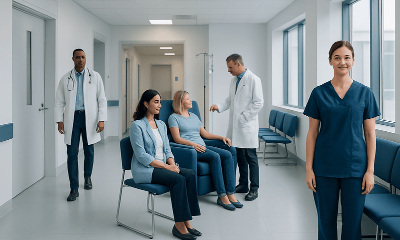 Healthcare professionals and patients in a hospital corridor at Acibadem Hospitals Group.