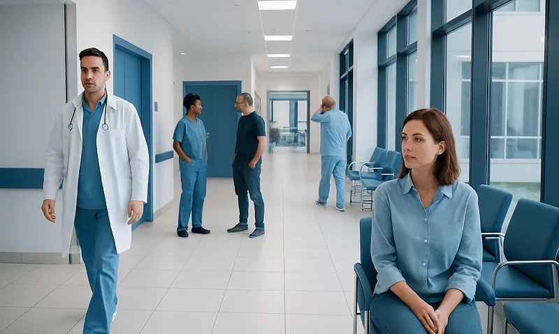 Medical staff and patient in a modern hospital corridor at Acibadem Hospitals Group.