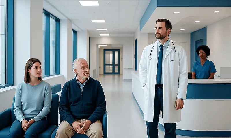 Doctor consulting with elderly patient and visitor in hospital corridor.