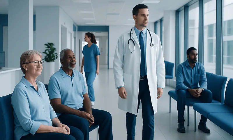 Doctor with patients in hospital waiting area at Acibadem Hospitals Group.