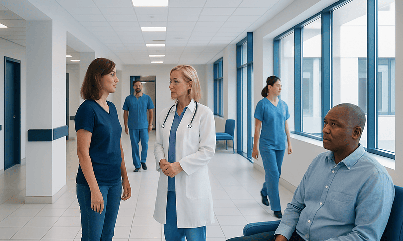Healthcare professionals and patient in a modern hospital corridor.