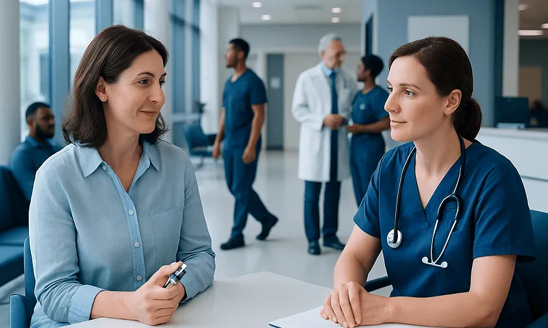 Healthcare professionals discussing patient care in hospital corridor.