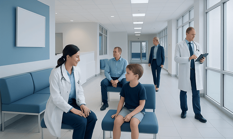 Medical consultation in a modern hospital corridor with doctors and a young patient.