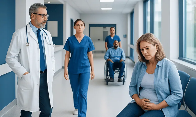 Hospital staff discussing patient care in a modern medical facility.