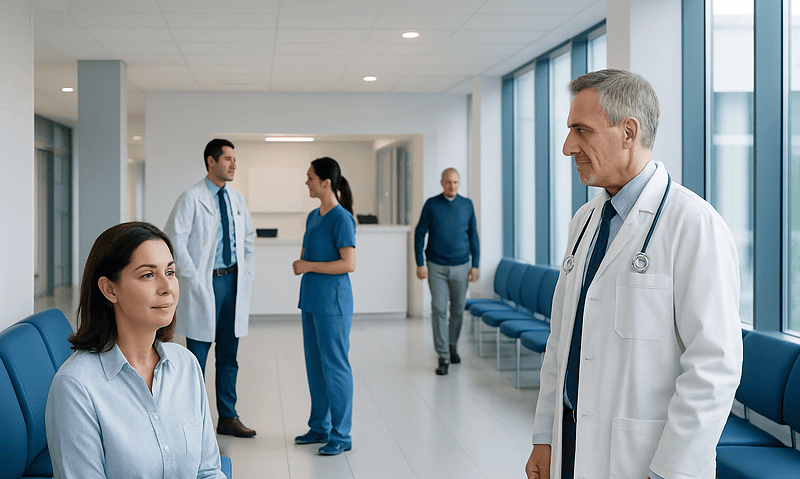 Medical team consulting in hospital corridor with doctor and patient.