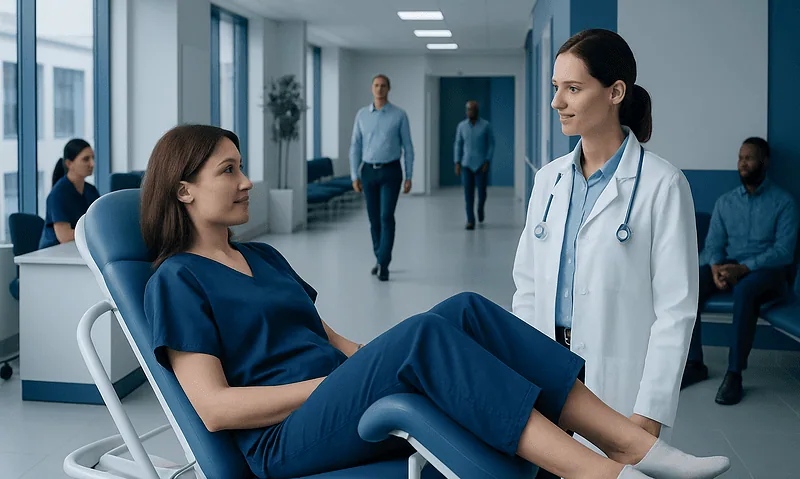 Patient consulting with a doctor in a hospital corridor.