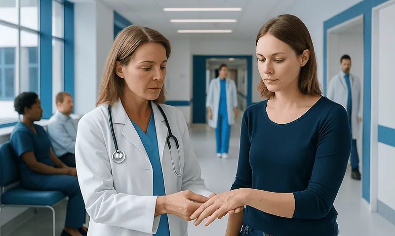 Doctor examining a patient's hand in a hospital corridor.
