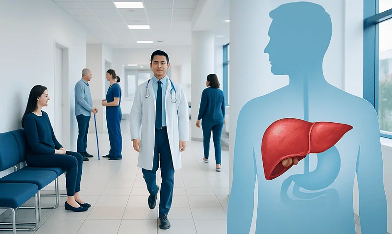 Medical professionals and patients in a hospital corridor with liver illustration.