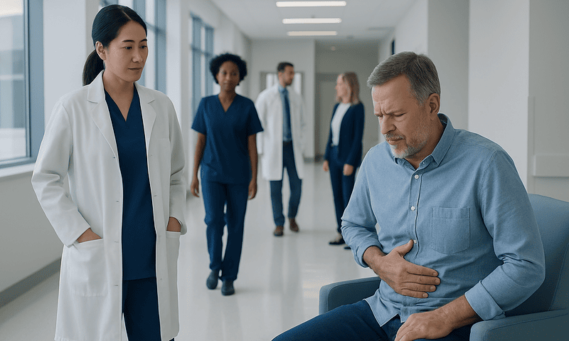 Patient experiencing stomach pain in hospital corridor with medical staff nearby.