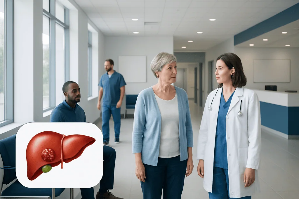 Understanding Liver Disease Hemangioma: A Complete Patient Guide 1 Doctor consulting with a patient in a hospital corridor with liver illustration.