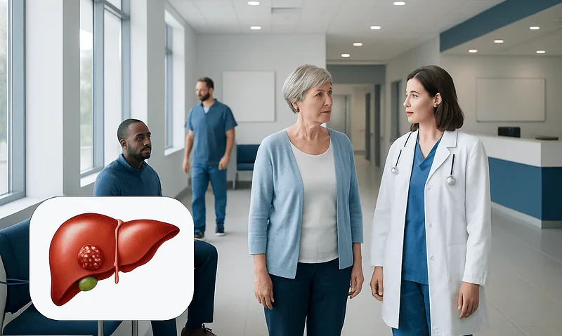Doctor consulting with a patient in a hospital corridor with liver illustration.
