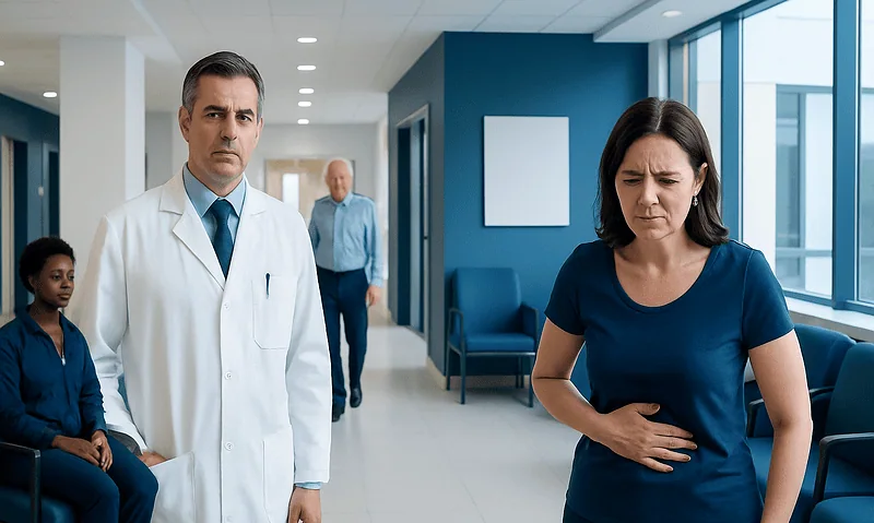 Doctor and patient in hospital corridor, woman experiencing stomach pain.