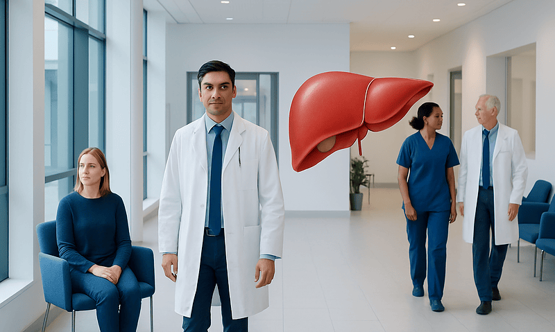 Medical professionals and a liver model in a hospital corridor.