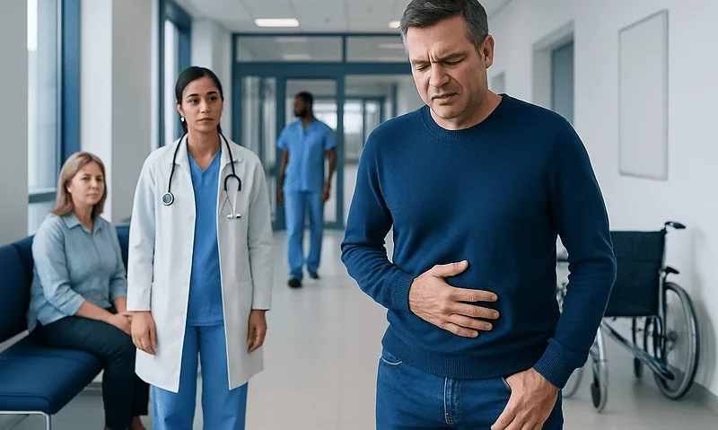 Man experiencing stomach pain in hospital corridor with medical staff nearby.