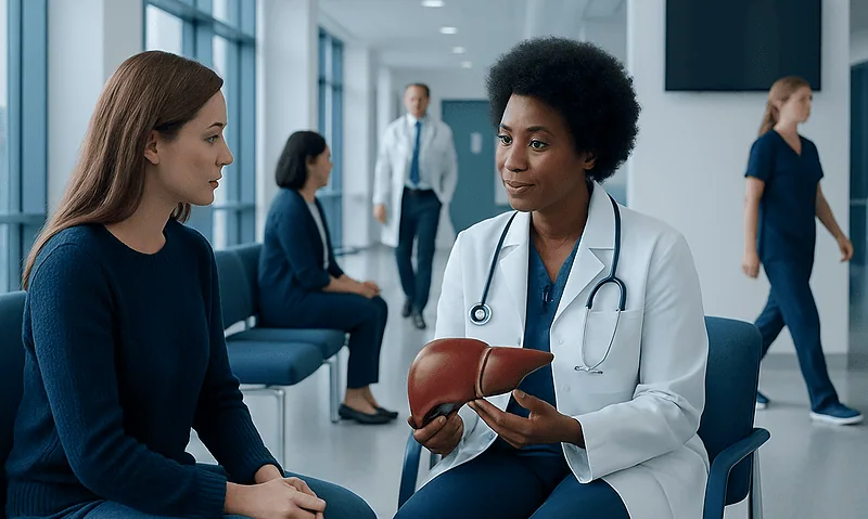 Doctor explaining liver health to a patient in a hospital corridor.
