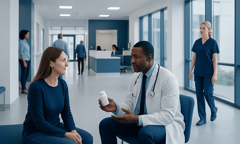 Doctor consulting with a patient in a modern hospital corridor.