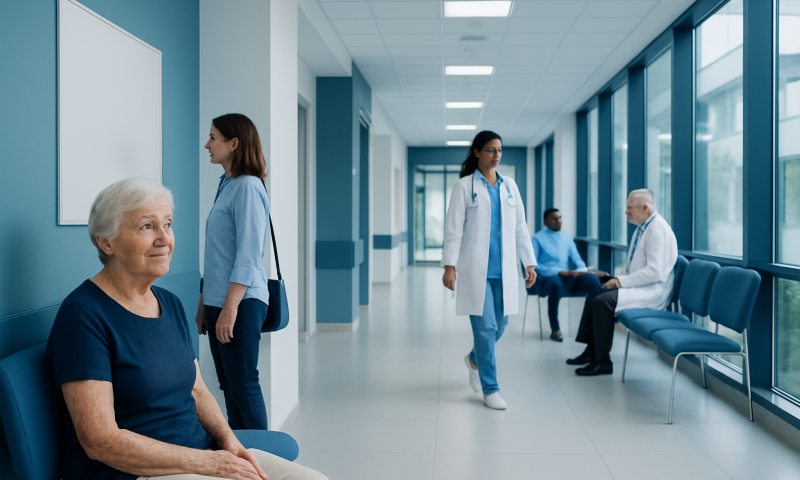 Patients and medical staff in a modern hospital corridor.