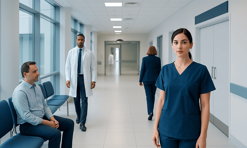 Healthcare professionals in a hospital corridor with a nurse in focus.