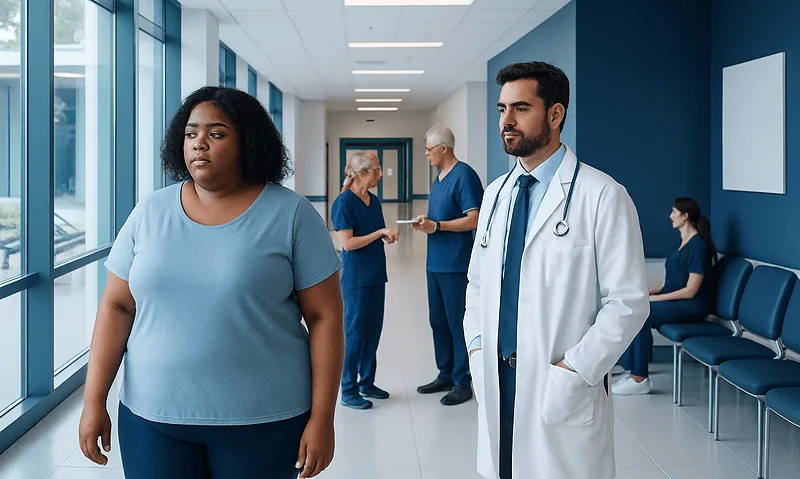 Medical consultation in hospital corridor with doctor and patient.