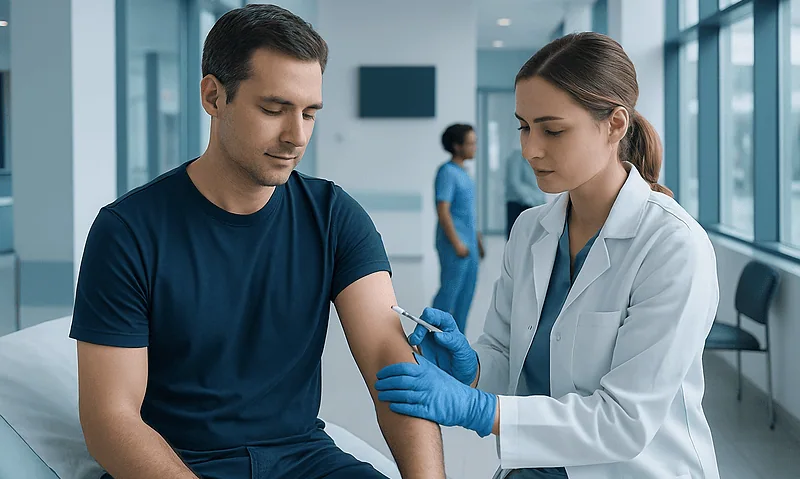 Medical professional administering local anesthesia to a patient in a hospital setting.