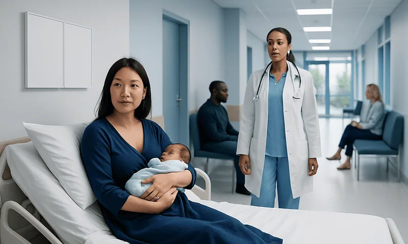 Mother with newborn in hospital room with medical staff nearby.