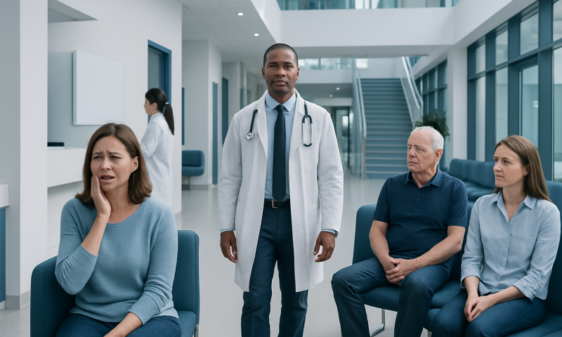 Patient experiencing jaw pain in a hospital waiting area.