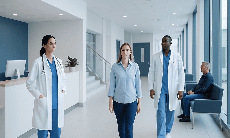 Medical team walking in hospital corridor with patient in waiting area.