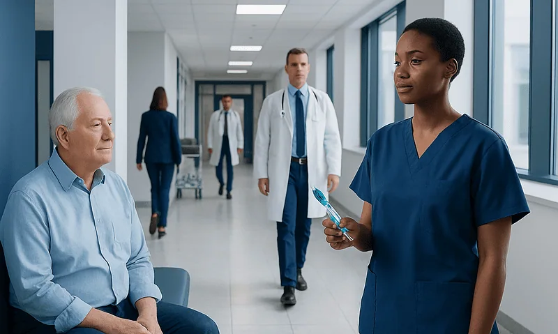 Nurse consulting with elderly patient in hospital corridor.