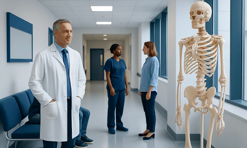 Medical professionals and a doctor in a hospital corridor with a skeleton model.