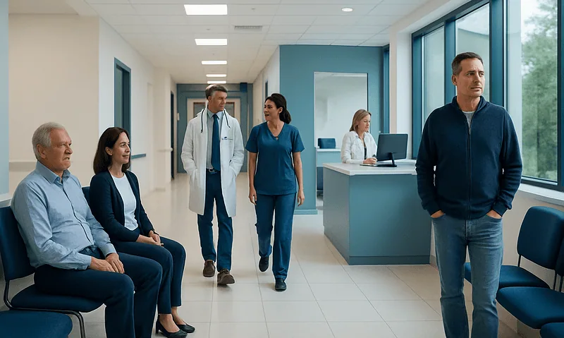 Patients waiting in a modern hospital corridor with medical staff nearby.