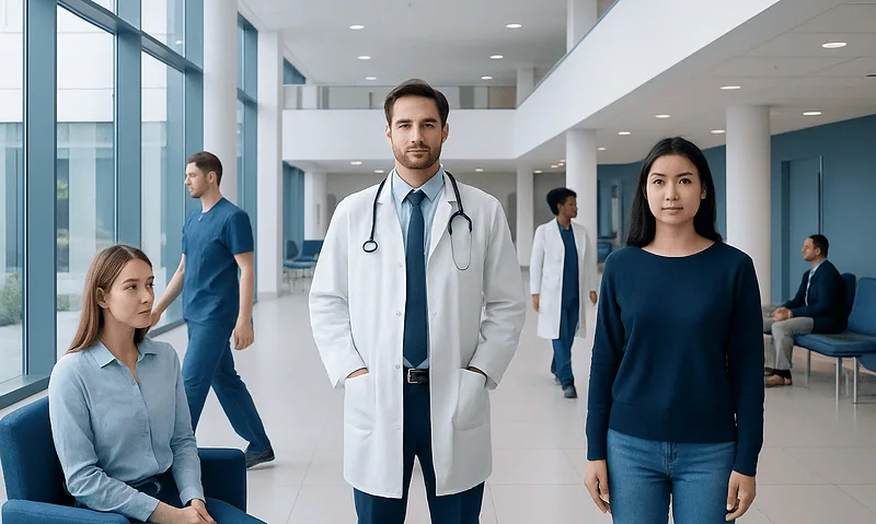 Looksmaxing — Explained by Medical Evidence, Not Myths 5 Medical professionals and patients in a modern hospital lobby.