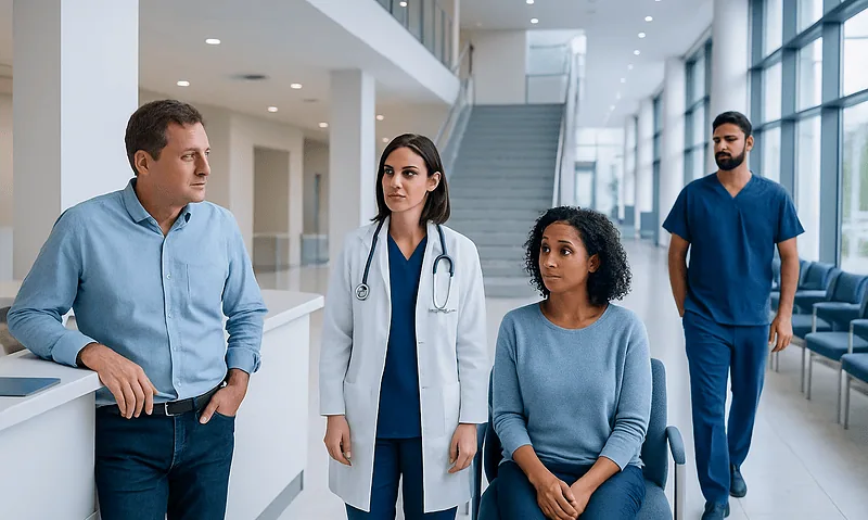 Medical consultation in hospital with doctor and patients.