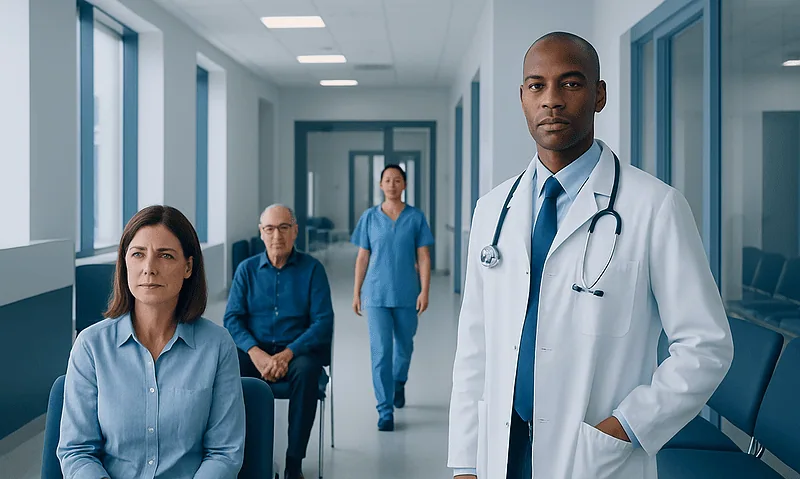 Medical team in hospital corridor with doctor and patients.