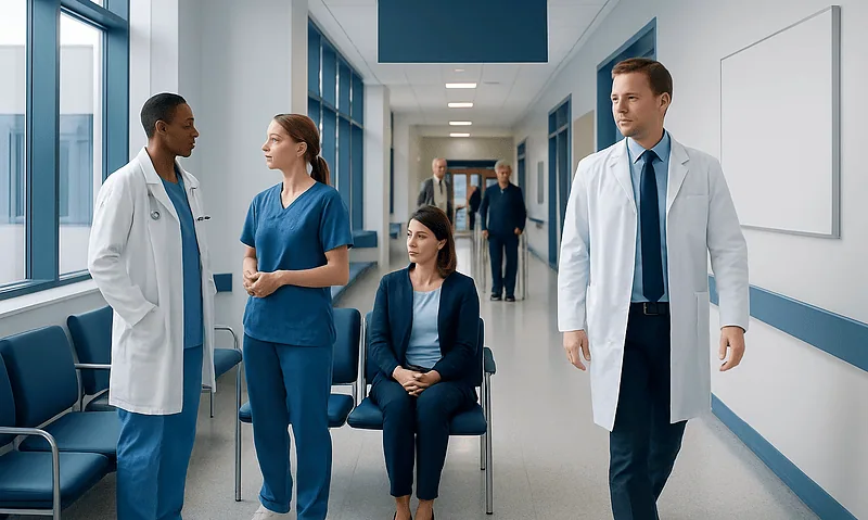 Medical team discussing patient care in hospital corridor.