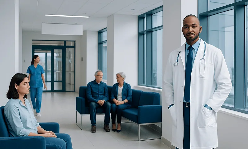 Medical professional in hospital corridor with patients and staff.