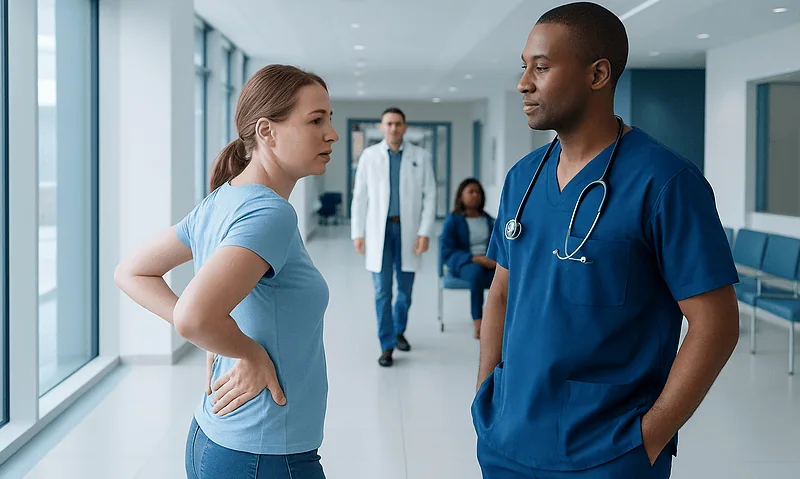 Doctor consulting patient about back pain in hospital corridor.