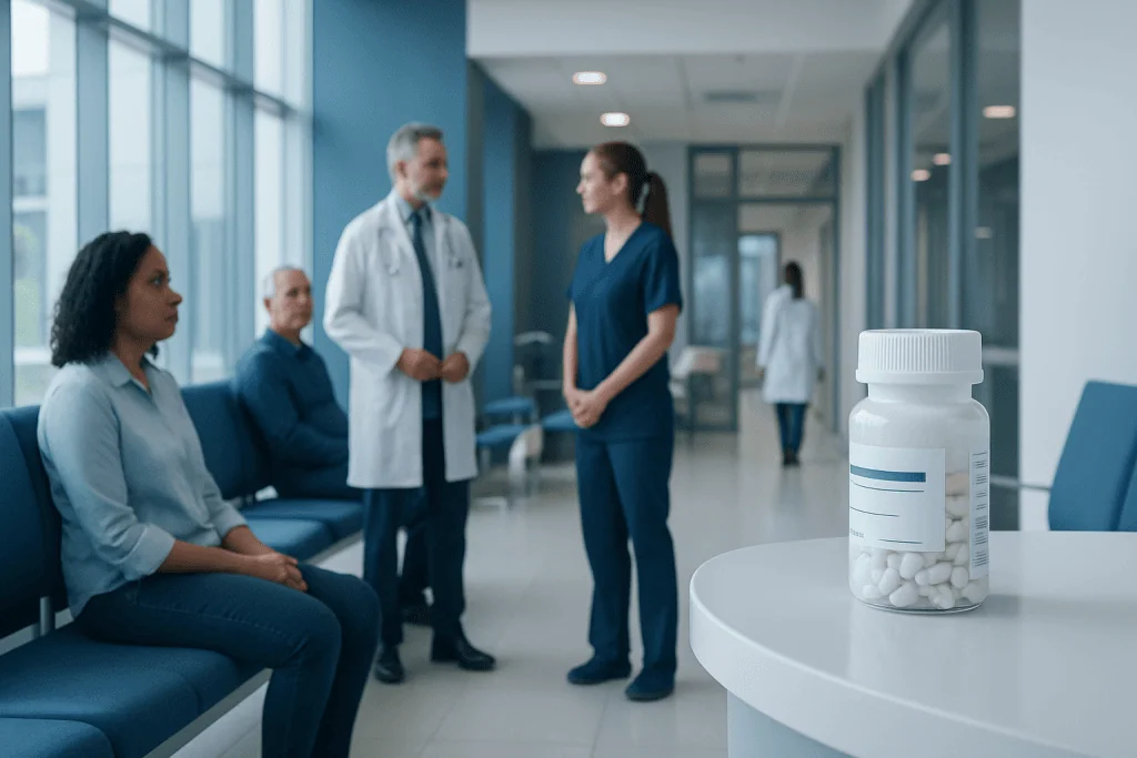 Losartan 25 MG: What It Treats, How It Works, and What to Watch For 1 Doctors and patients in a hospital corridor with medication bottle in foreground.
