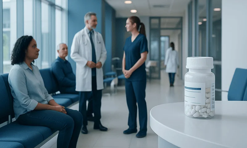 Doctors and patients in a hospital corridor with medication bottle in foreground.